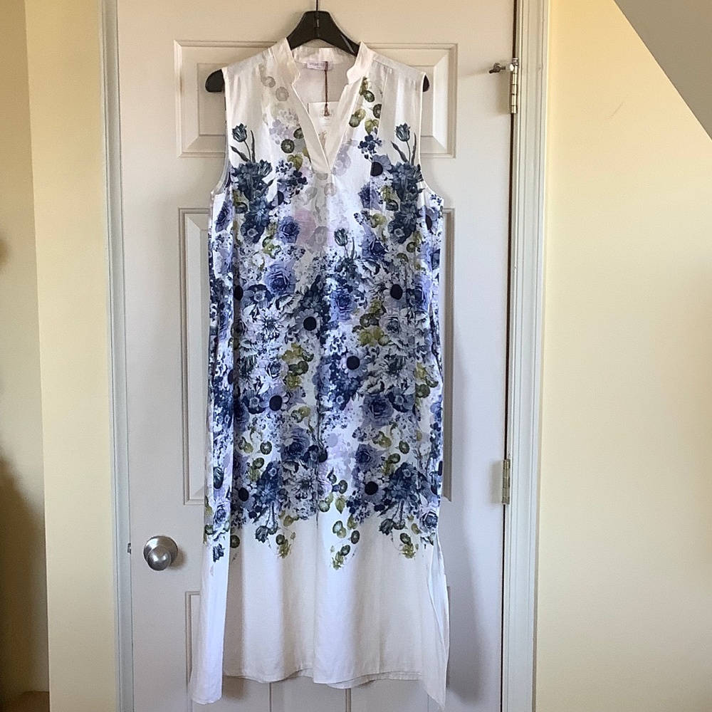 Spighe Di Lino Floral Linen Blend Sleeveless Midi Dress White Blue Floral SZ L